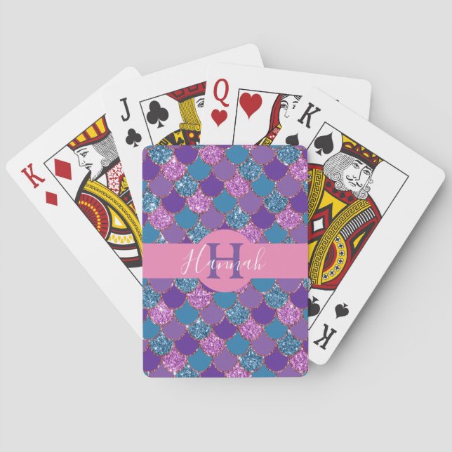 Monogram/Colourful Mermaid Glitter Playing Cards (Back)