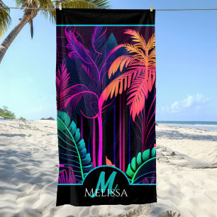 Monogram Colourful Neon Black Tropical Palm Beach Beach Towel