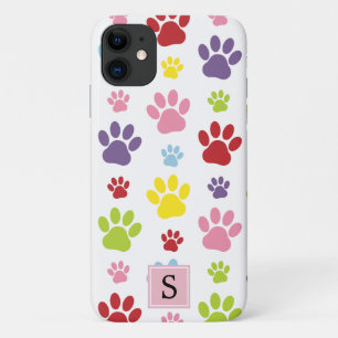 Monogram - Colourful Paws, Dog Traces, Trails iPhone 11 Case
