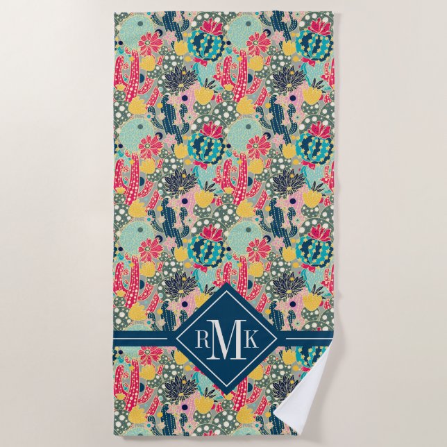 Monogram | Colourful Polka Dot Cactus Pattern Beach Towel (Front)