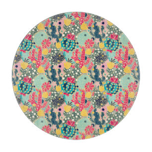 Monogram   Colourful Polka Dot Cactus Pattern Cutting Board