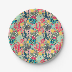 Monogram Colourful Polka Dot Cactus Pattern Paper Plate