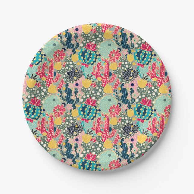Monogram | Colourful Polka Dot Cactus Pattern Paper Plate (Front)