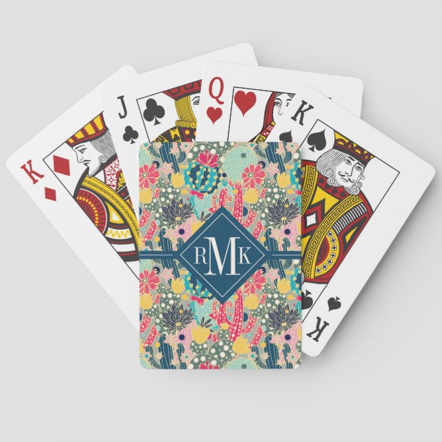 Monogram | Colourful Polka Dot Cactus Pattern Playing Cards (Back)