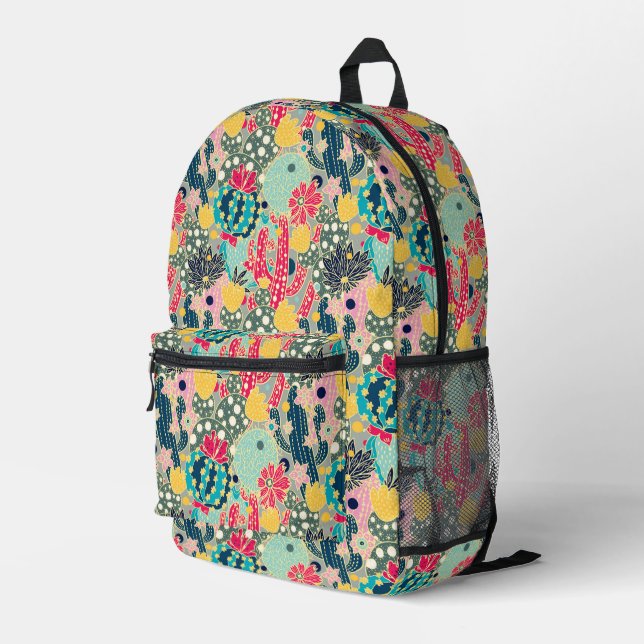 Monogram | Colourful Polka Dot Cactus Pattern Printed Backpack (Back Corner Right)