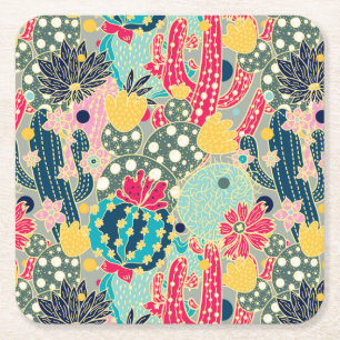 Monogram   Colourful Polka Dot Cactus Pattern Square Paper Coaster