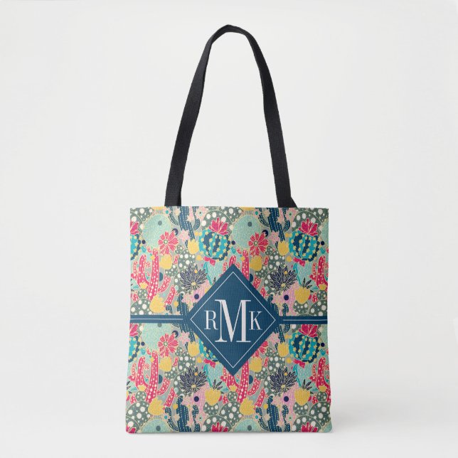 Monogram | Colourful Polka Dot Cactus Pattern Tote Bag (Front)
