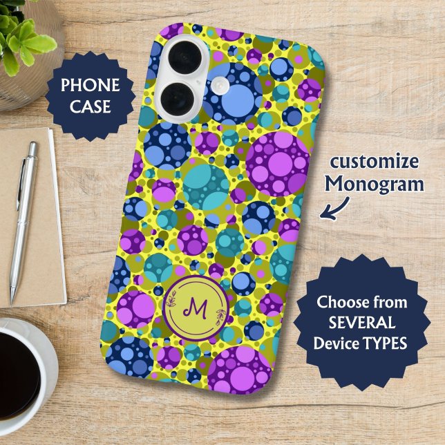 Monogram Colourful Polka Dots Blue Purple Teal -  Case-Mate iPhone Case (Creator Uploaded)
