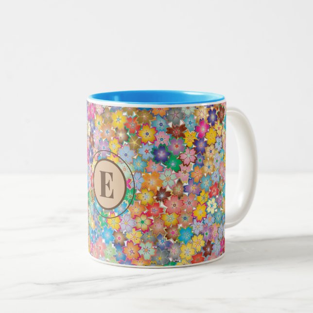 Monogram Colourful Tiny Flowers Two-tone 11oz Mug (Front Right)