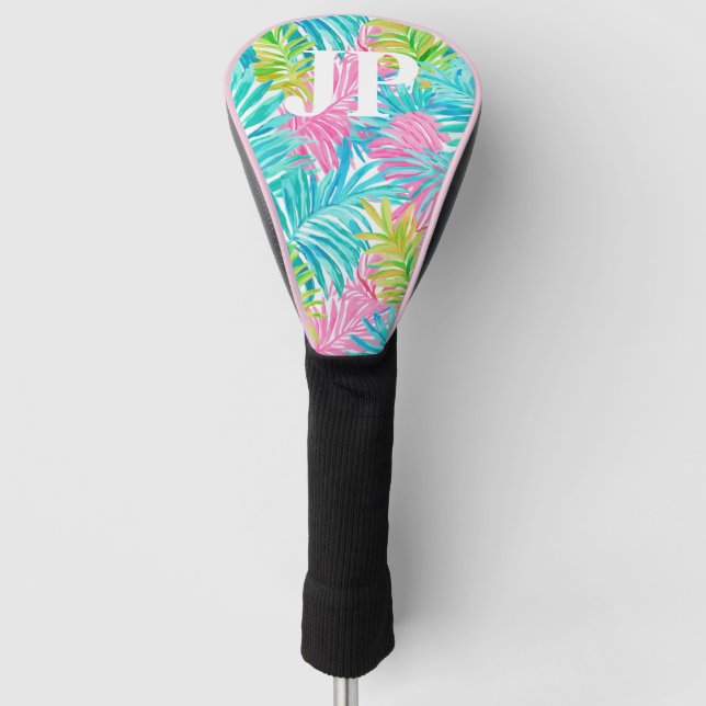 Monogram Colourful Tropical Leaves Custom Golf Head Cover (Front)