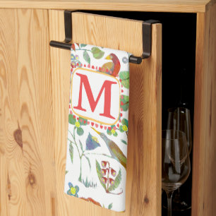 Monogram Colourful Vintage Birds Floral Pattern Tea Towel