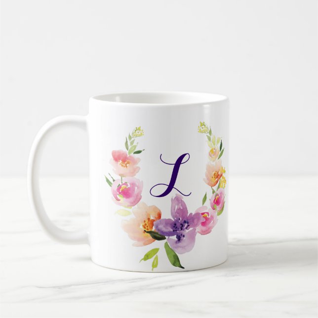 Monogram Colourful Watercolors Flowers Wreath Coffee Mug (Left)