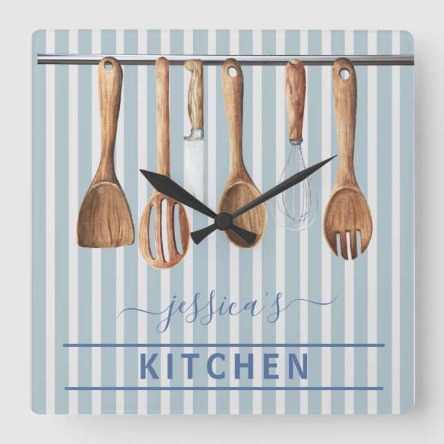 Monogram Cook Kitchen Watercolor Utensils Square Wall Clock (Front)