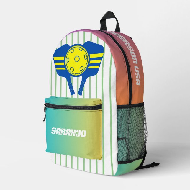 Monogram cool gradient stripes Pickleball players Printed Backpack (Back Corner Right)