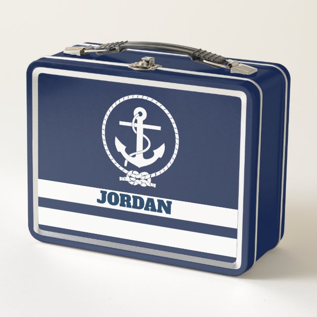Monogram Cool Nautical Anchor Metal Lunch Box (Front)