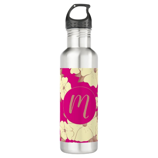 Monogram Copper and Yellow Floral on Fuchsia Pink 710 Ml Water Bottle (Front)