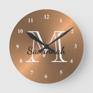 Monogram Copper Elegant Faux Metal Round Clock
