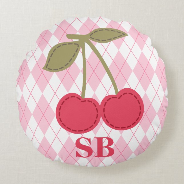 Monogram Coquette Cherry Pink Jacquard Round Cushion (Front)