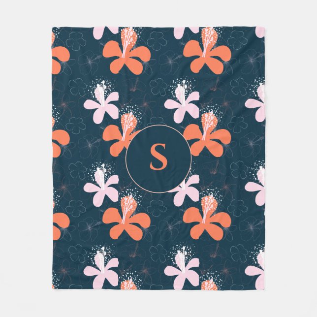 Monogram Coral Blush Hibiscus Pattern Fleece Blanket (Front)