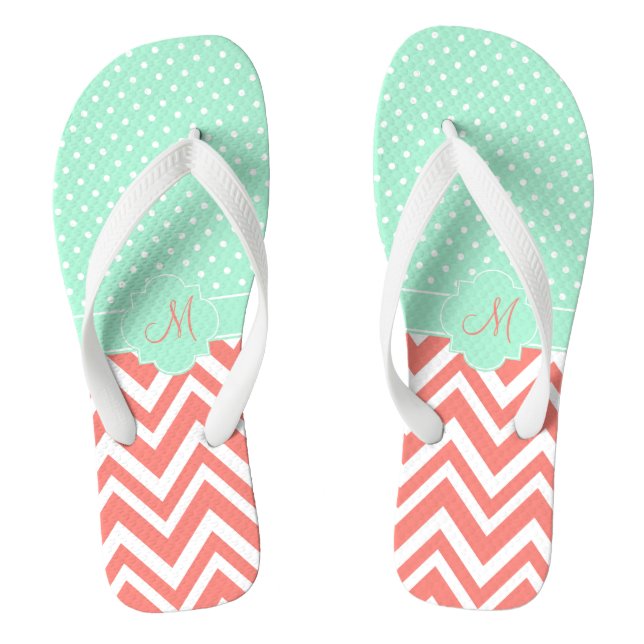 Monogram Coral Chevron with Mint Polka Dot Pattern Flip Flops (Footbed)