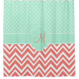 Monogram Coral Chevron with Mint Polka Dot Pattern Shower Curtain