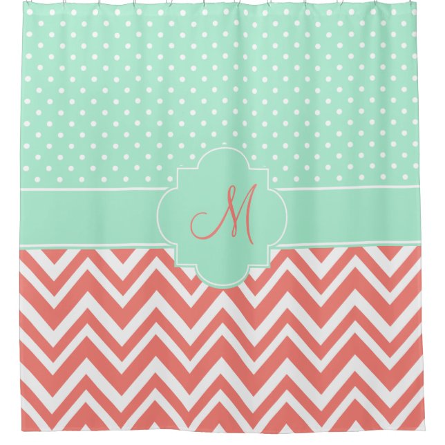 Monogram Coral Chevron with Mint Polka Dot Pattern Shower Curtain (Front)