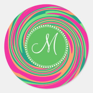 Monogram Coral Hot Pink Green Whirlpool Swirl Classic Round Sticker