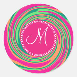 Monogram Coral Hot Pink Green Whirlpool Swirl Classic Round Sticker