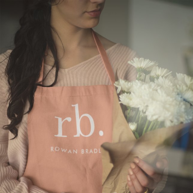 Monogram Coral Peach Elegant Feminine Minimalist Apron (Feminine stylish coral peach unique monogram apron.)