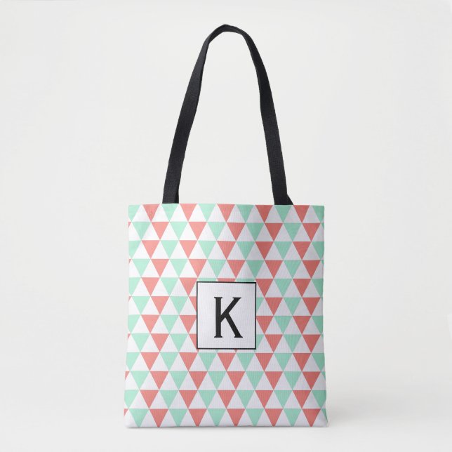 Monogram Coral Pink and Mint Green Triangles Tote Bag (Front)