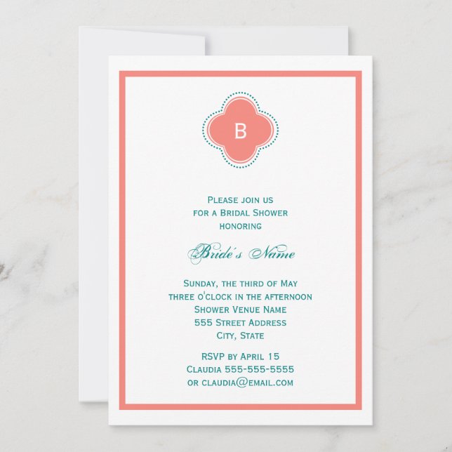 Monogram Coral Pink and Teal Quatrefoil Wedding Invitation (Front)