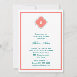 Monogram Coral Pink and Teal Quatrefoil Wedding Invitation