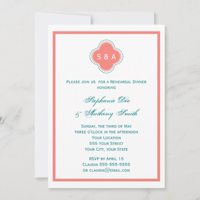 Monogram Coral Pink and Teal Quatrefoil Wedding Invitation (Front)