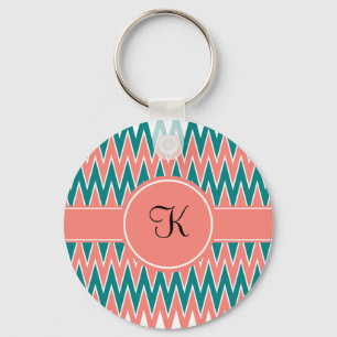 Monogram Coral Pink and Teal Zigzag Pattern Key Ring