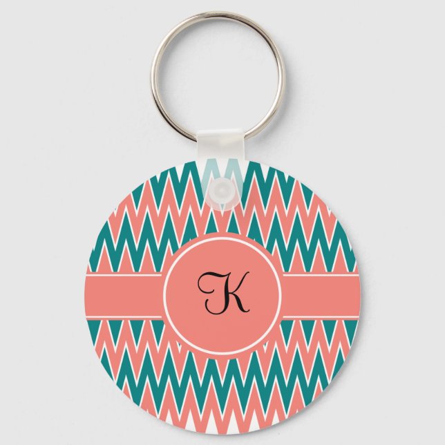 Monogram Coral Pink and Teal Zigzag Pattern Key Ring (Front)