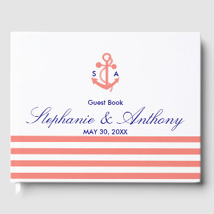 Monogram Coral Pink Nautical and Navy Blue Wedding Guest Book