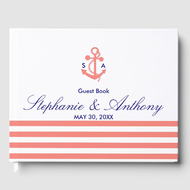 Monogram Coral Pink Nautical and Navy Blue Wedding Guest Book (Front)