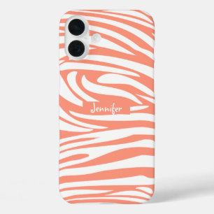 Monogram Coral Pink Striped Zebra Pattern Trendy iPhone 16 Plus Case