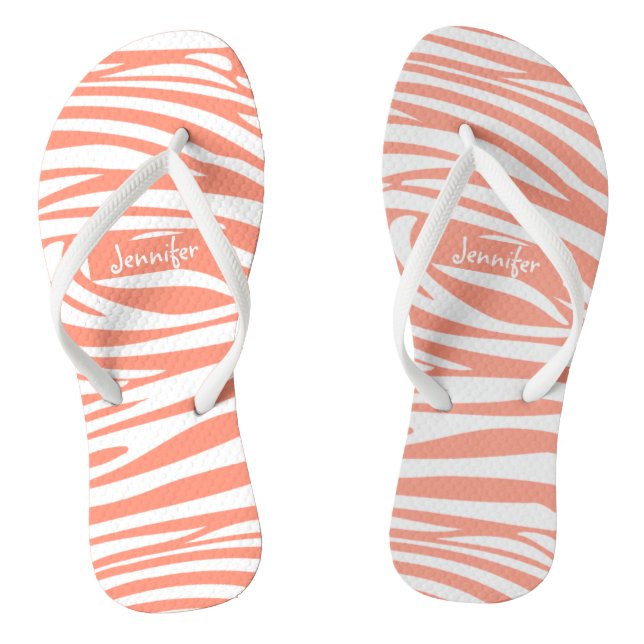 Monogram Coral Pink Striped Zebra Pattern Trendy Flip Flops (Footbed)