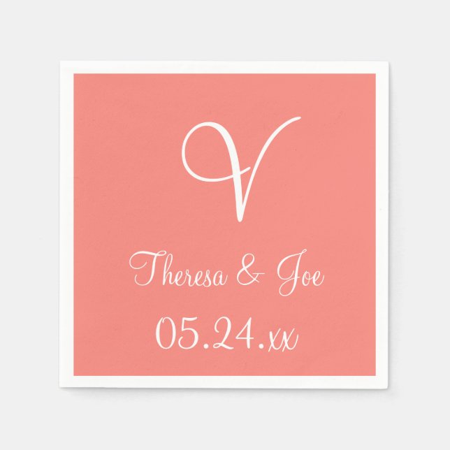 Monogram Coral Pink Stylish Colour Design Napkins (Front)