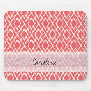Monogram Coral Pink Tribal Ikat Diamond Pattern Mouse Mat