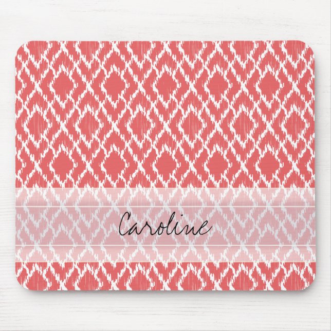 Monogram Coral Pink Tribal Ikat Diamond Pattern Mouse Mat (Front)