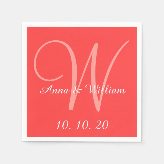 Monogram Coral Red Coloured Wedding Paper Napkins (Front)