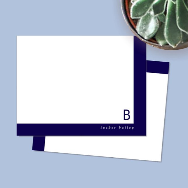 Monogram Corner Band Dark Blue Personal Stationery Card (Creator Uploaded)
