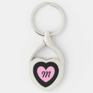 Monogram Cotton Candy Pink heart on black Key Ring