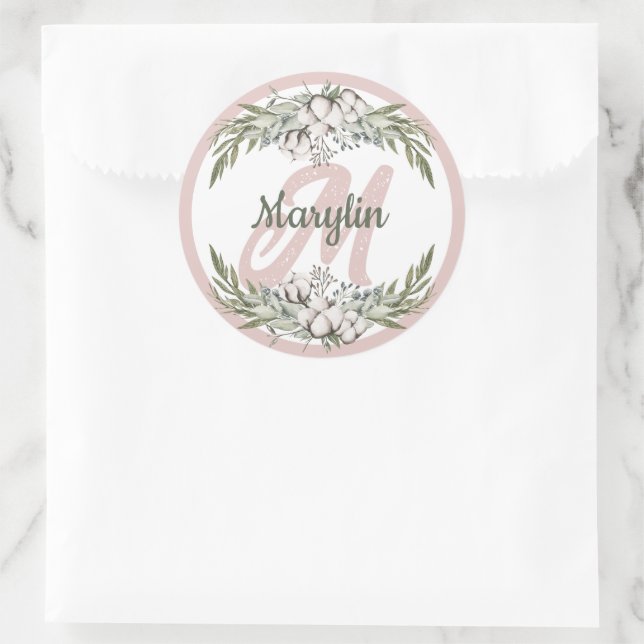 Monogram Cotton Flower Foliage Minimal design Classic Round Sticker (Bag)