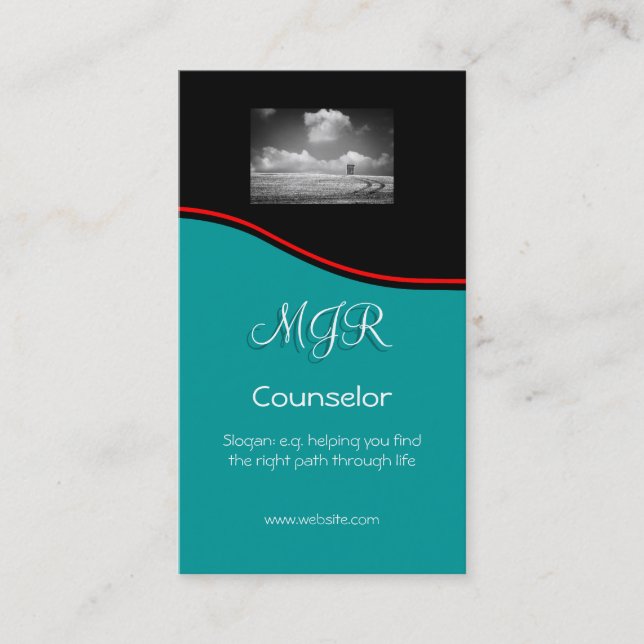 Monogram, Counselling Services, red swoosh Business Card (Front)