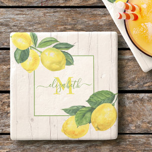 Monogram country lemons watercolor on rustic wood stone coaster
