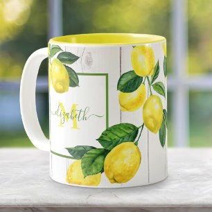 Monogram country lemons watercolor on rustic wood Two-Tone coffee mug