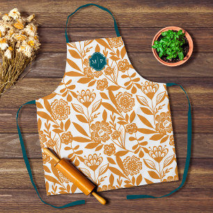 Monogram Country Style Bold Floral Pattern Yellow Apron